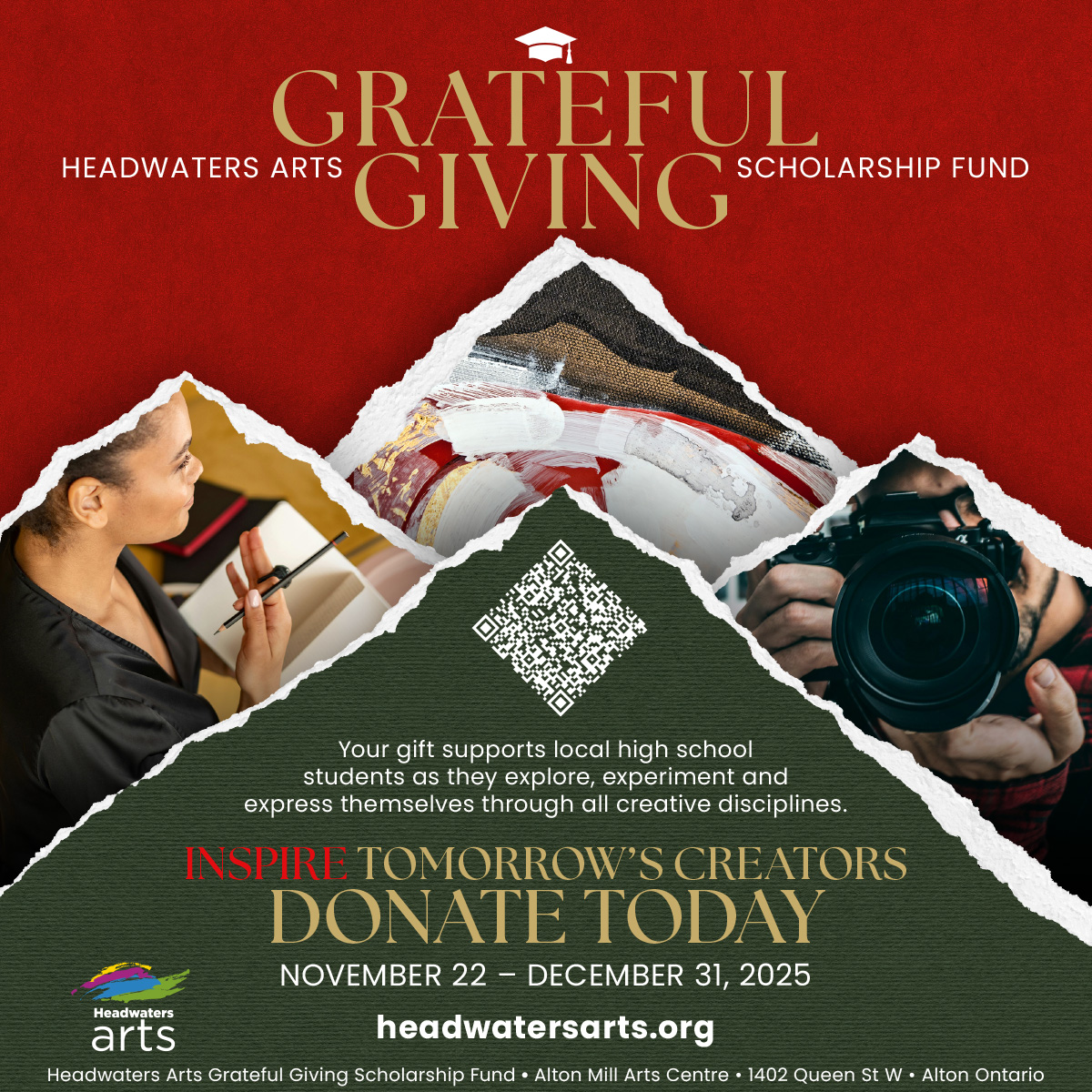 HAScholarFund2025-SQUARE1 poster for the Headwaters Arts student scholarship fundraising campaign