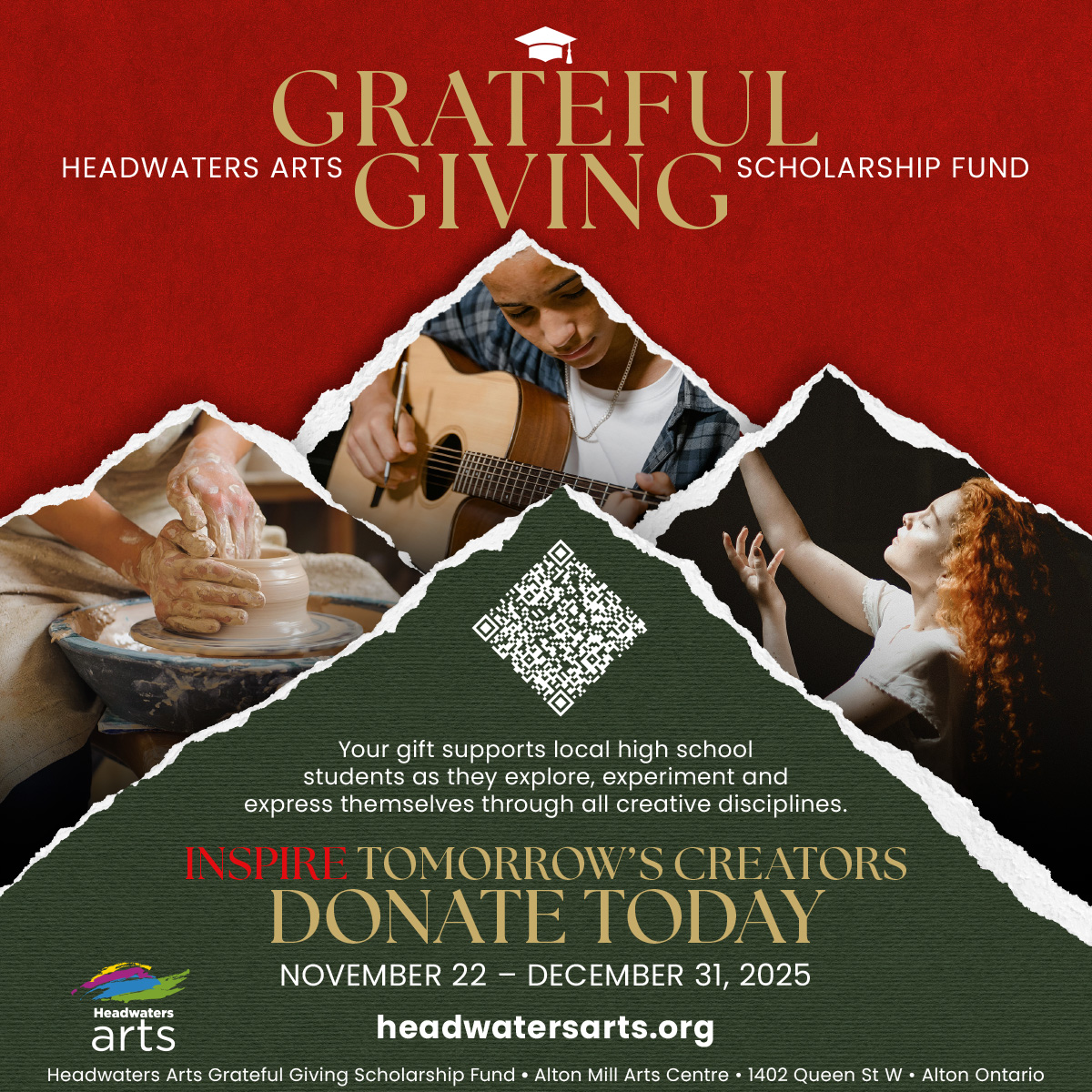 HAScholarFund2025-SQUARE2 Grateful Giving poster for Headwaters Arts Scholarship fundraising ccampaign