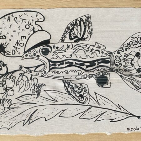 Nicola Ross - Fish of Plenty - Pen on pine board - 7''x 10''