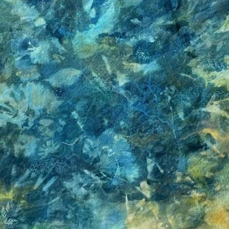Bonnie Humphries - Between Bud and Bloom - Cyanotype, acrylic, pencil - 10'' x 22'' x 1''