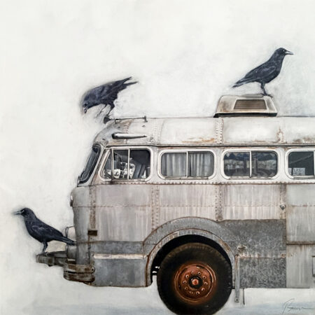 Brian Barrer - Hitching A Ride Bus - Oil Paint, Mixed Media - 30'' x 30'' x 1.5''